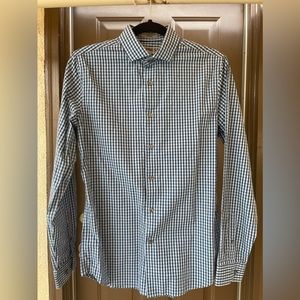Express Fitted Blue & White Plaid Button Down Dress Shirt